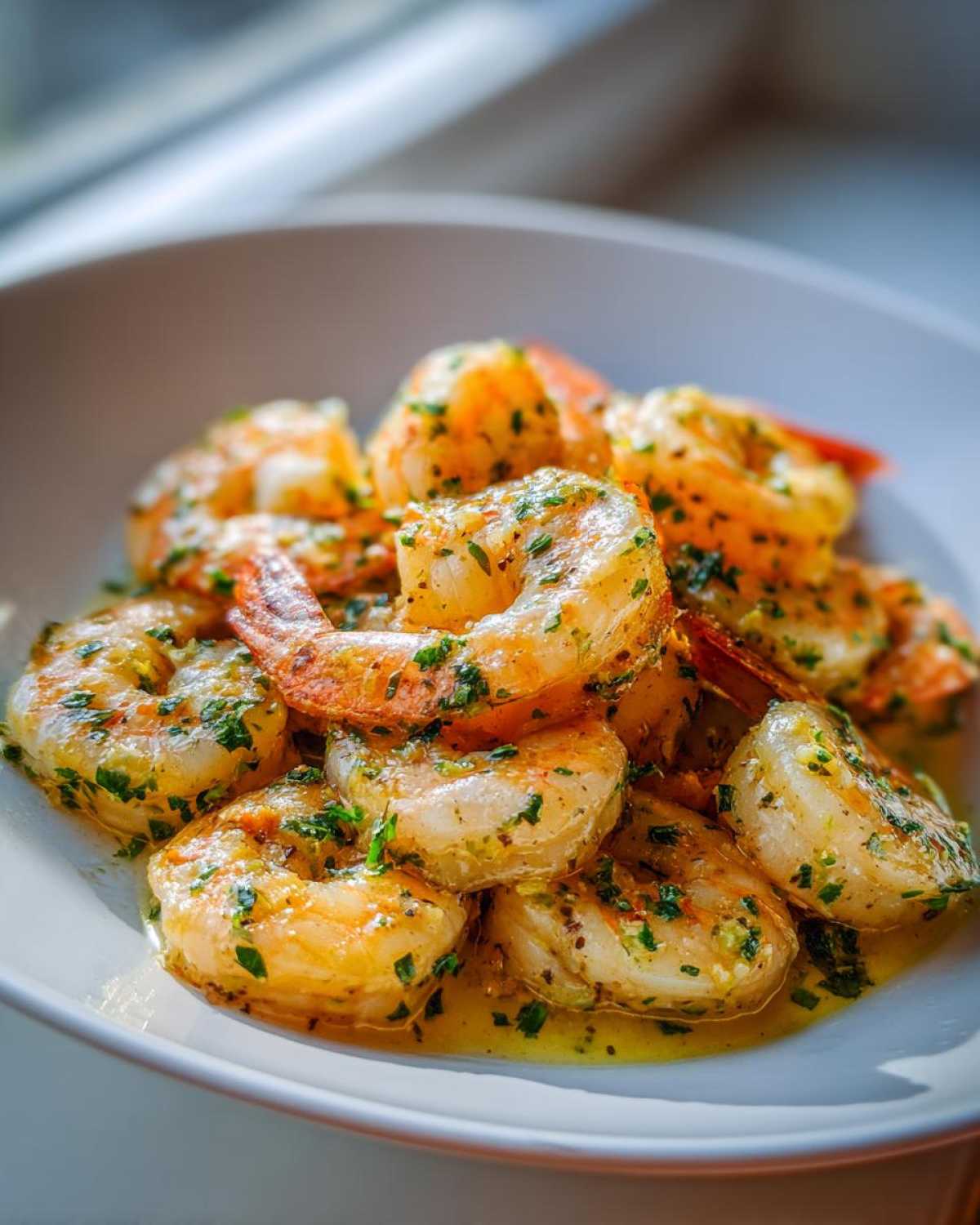 Close-up of succulent Lemon Butter Shrimp with Garlic Flavor coated in sauce and fresh parsley in a white bowl.