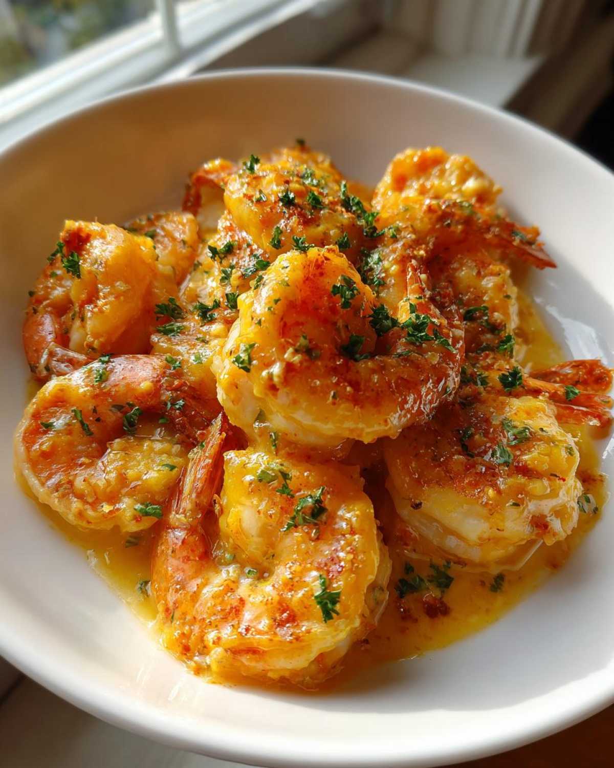 Close-up of plump shrimp coated in rich lemon butter sauce, garnished with parsley, showcasing the Lemon Butter Shrimp with Garlic Flavor.