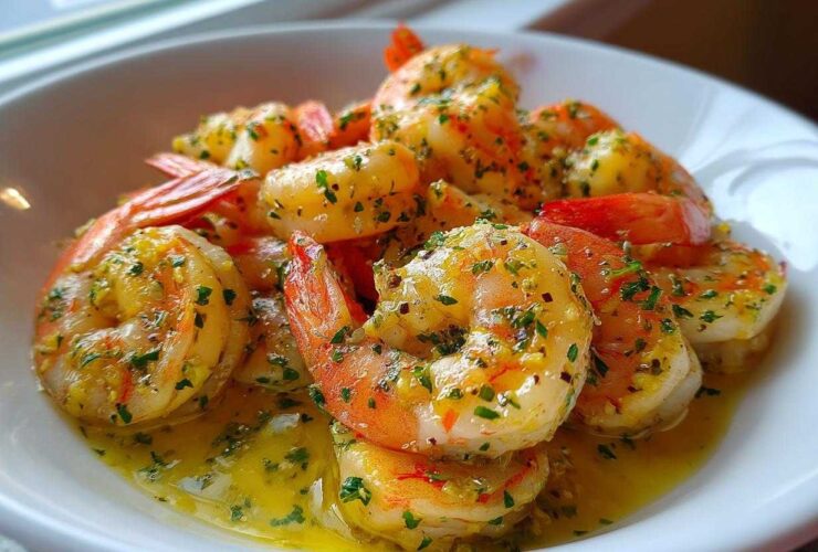 Close-up of plump Lemon Butter Shrimp with Garlic Flavor coated in buttery sauce and fresh parsley in a white bowl.