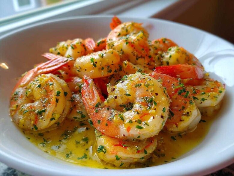 Close-up of plump Lemon Butter Shrimp with Garlic Flavor coated in buttery sauce and fresh parsley in a white bowl.