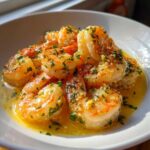 Close-up of cooked shrimp coated in a rich lemon butter sauce with visible minced garlic and fresh parsley, representing Lemon Butter Shrimp with Garlic Flavor.