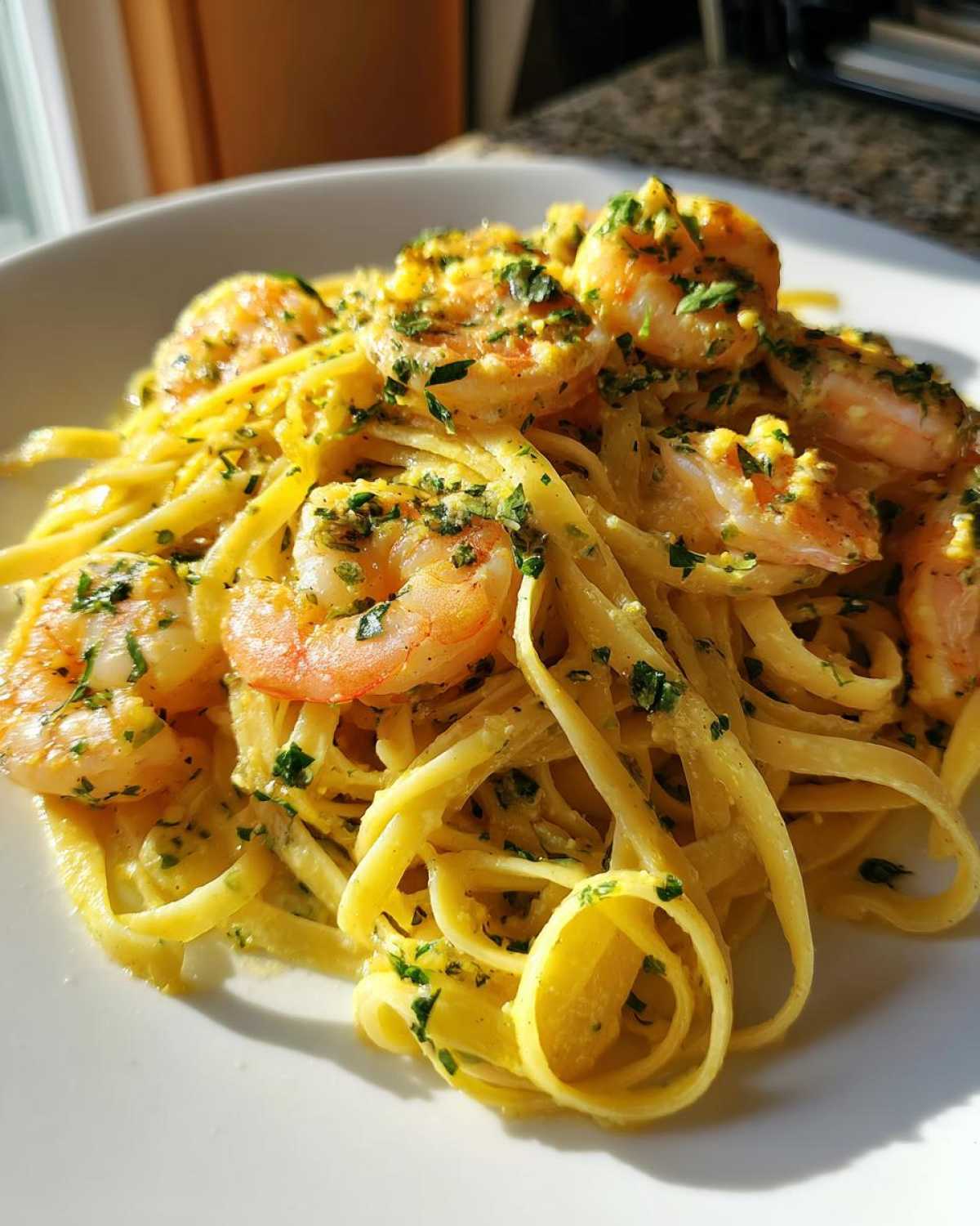 Close-up of Lemon Butter Shrimp Pasta Ready in 20 Minutes, featuring fettuccine tossed in a yellow sauce with pink shrimp and fresh parsley.