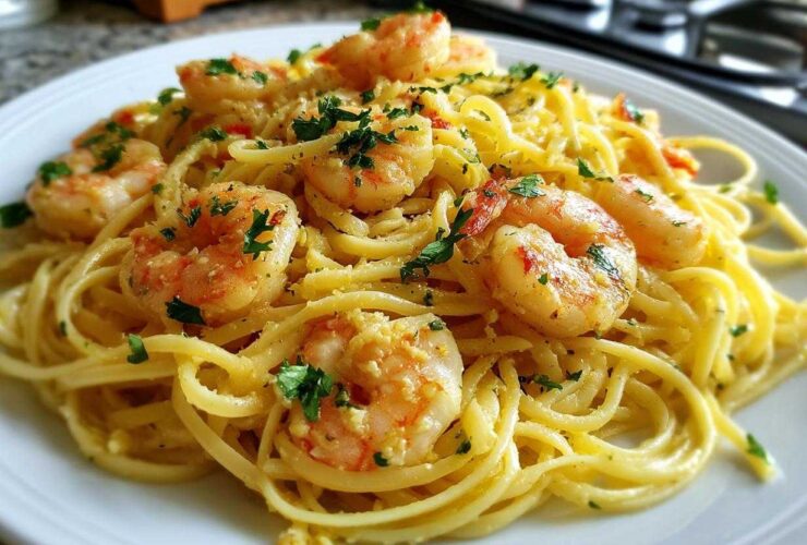 Close-up of Lemon Butter Shrimp Pasta Ready in 20 Minutes, featuring linguine tossed in a buttery sauce with plump shrimp and fresh parsley.