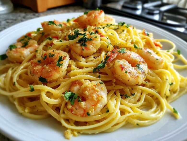 Close-up of Lemon Butter Shrimp Pasta Ready in 20 Minutes, featuring linguine tossed in a buttery sauce with plump shrimp and fresh parsley.