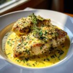 Two pan-seared chicken breasts covered in a rich Lemon Cream Chicken with Fresh Herbs Sauce, garnished with thyme.
