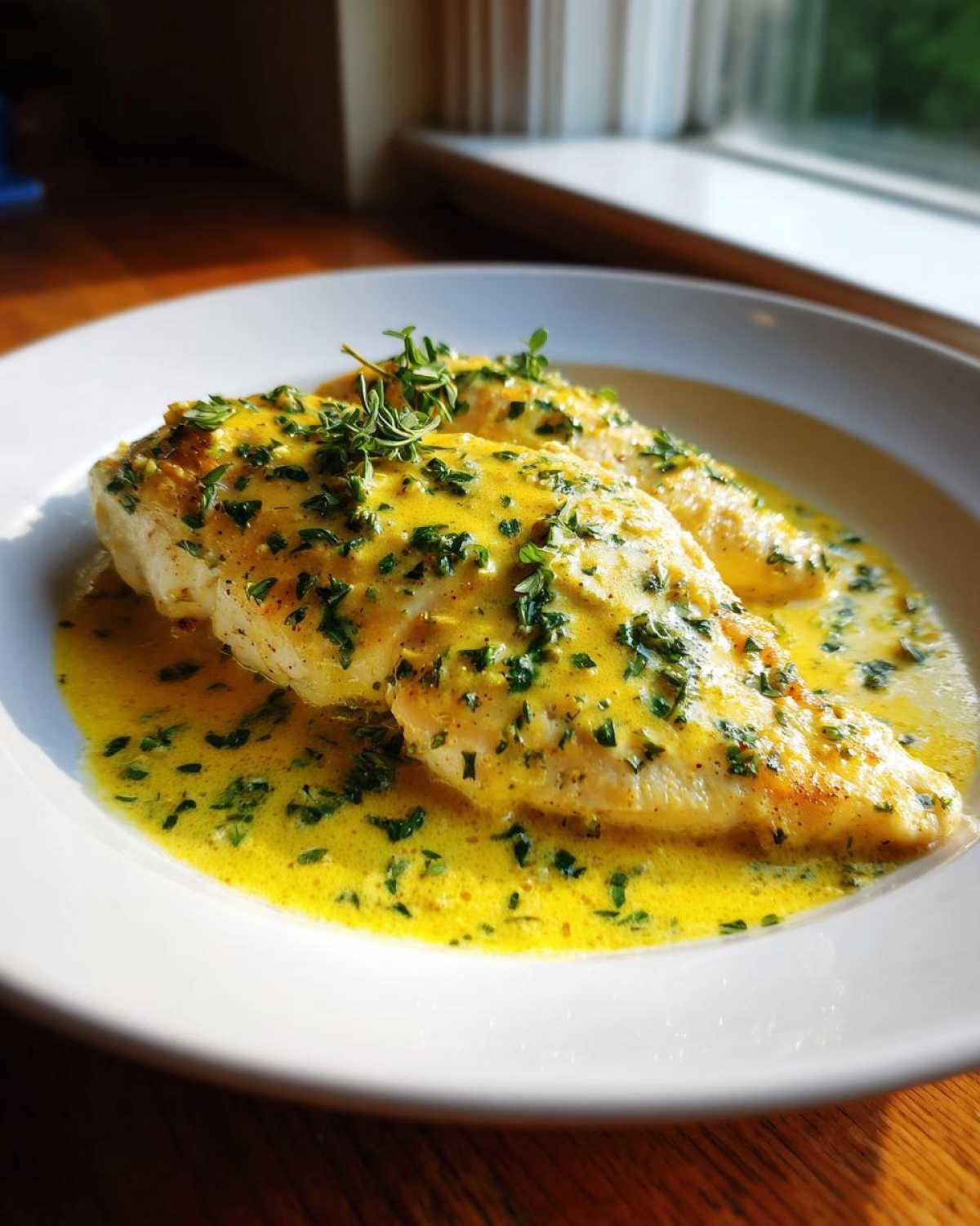 Two pieces of cooked chicken breast smothered in a vibrant yellow Lemon Cream Chicken with Fresh Herbs Sauce.