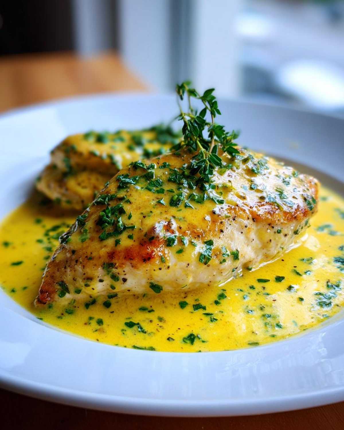 Close-up of seared chicken breast covered in a vibrant yellow Lemon Cream Chicken with Fresh Herbs Sauce.