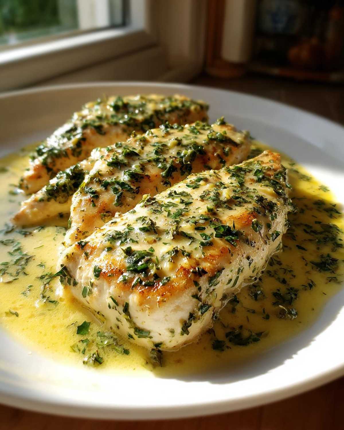 Three golden-brown chicken breasts covered in a bright Lemon Cream Chicken with Fresh Herbs Sauce on a white plate.