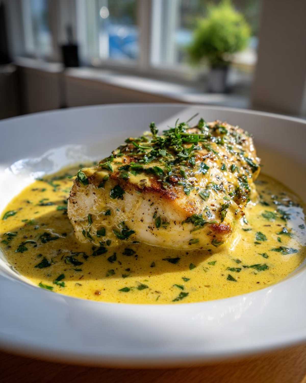 A perfectly cooked piece of chicken breast smothered in rich Lemon Cream Chicken with Fresh Herbs Sauce.