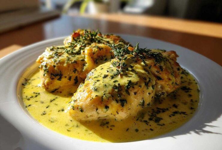 Three pieces of golden chicken breasts smothered in a rich Lemon Cream Chicken with Fresh Herbs Sauce, garnished with thyme sprigs.