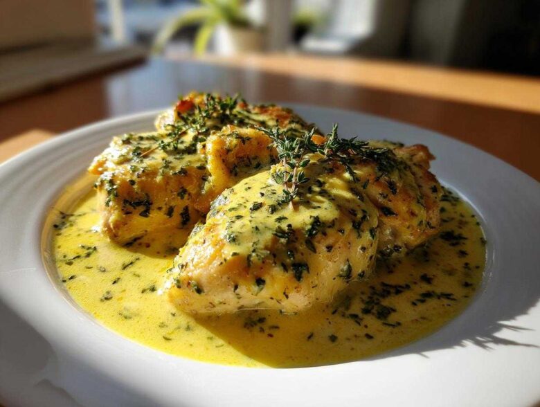Three pieces of golden chicken breasts smothered in a rich Lemon Cream Chicken with Fresh Herbs Sauce, garnished with thyme sprigs.
