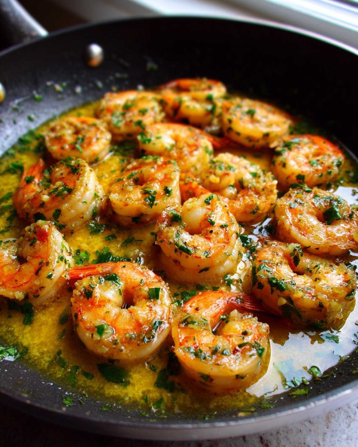 Close-up of cooked shrimp swimming in a rich lemon garlic butter sauce, garnished with fresh parsley, from the Lemon Garlic Butter Shrimp Skillet Recipe.
