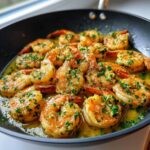Close-up of plump shrimp sizzling in a pan with lemon garlic butter sauce and fresh parsley.