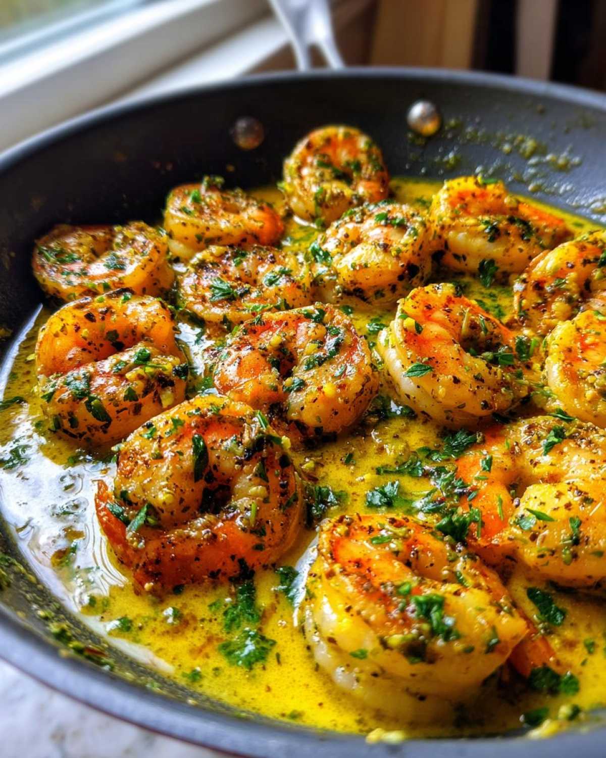 Close-up of plump shrimp cooked in a vibrant yellow lemon garlic butter sauce, garnished with fresh parsley.