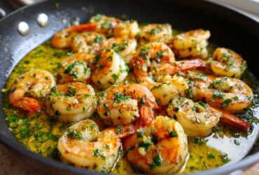 Close-up of plump shrimp sizzling in a skillet with bright lemon garlic butter sauce and fresh parsley.