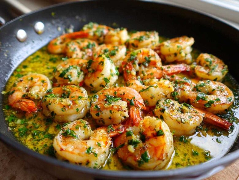 Close-up of plump shrimp sizzling in a skillet with bright lemon garlic butter sauce and fresh parsley.