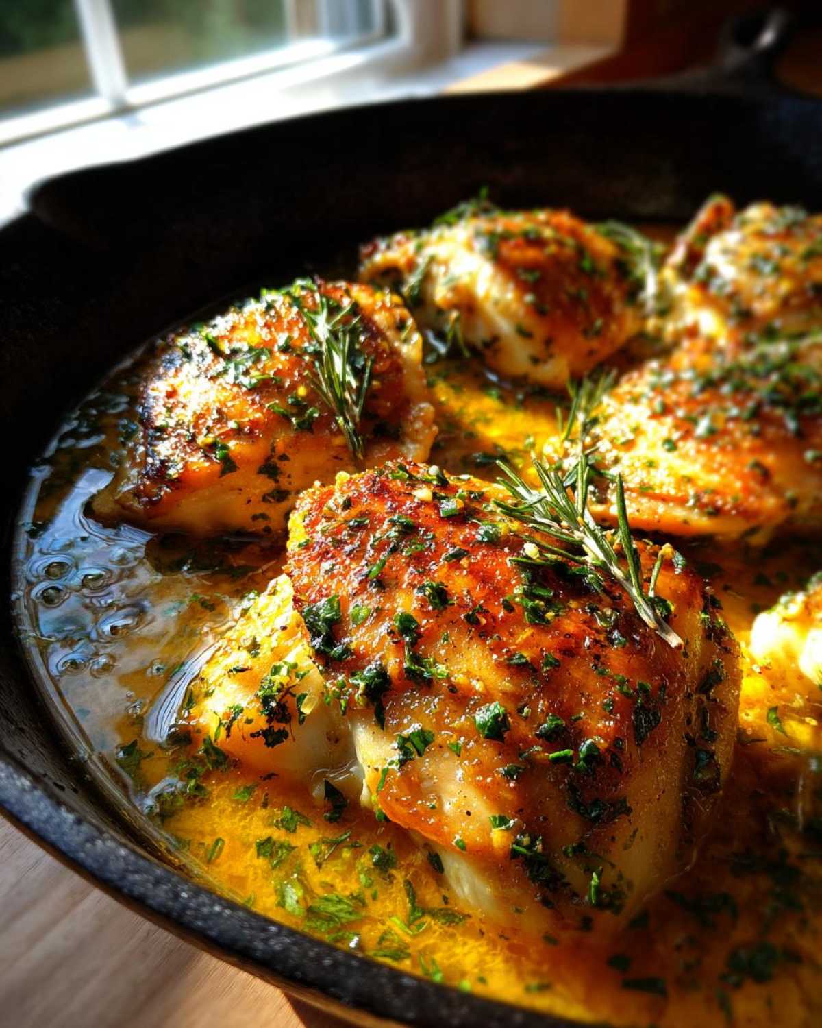Close-up of golden-brown Lemon Garlic Chicken Skillet pieces simmering in a bright, buttery sauce, topped with fresh herbs.
