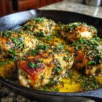 Four pieces of golden-brown chicken thighs simmering in a rich, buttery sauce topped generously with fresh herbs for Lemon Garlic Chicken Skillet.