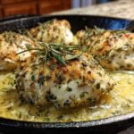 Four pieces of seared Lemon Garlic Chicken Skillet topped with fresh herbs and resting in a buttery lemon sauce in a cast iron pan.