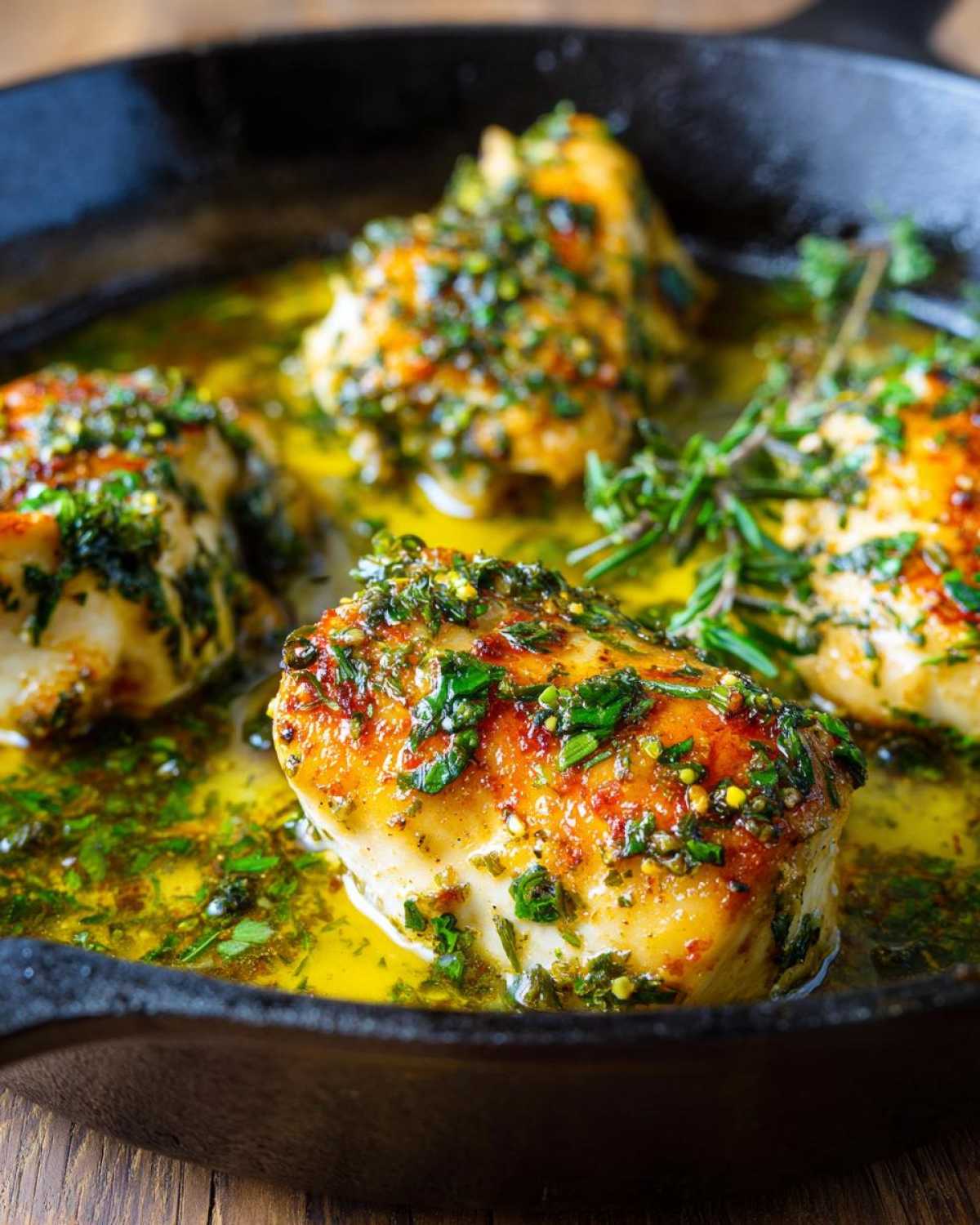 Close-up of seared chicken breasts cooking in a cast iron skillet with a vibrant lemon garlic sauce and fresh herbs.