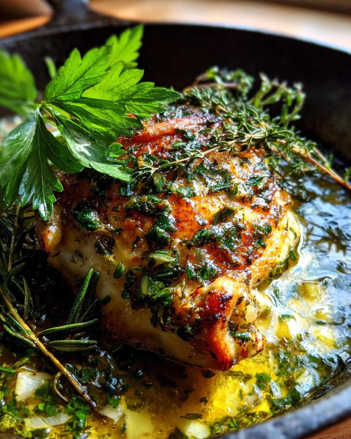 Close-up of a perfectly seared piece of Lemon Garlic Chicken Skillet with Fresh Herbs sizzling in butter sauce.