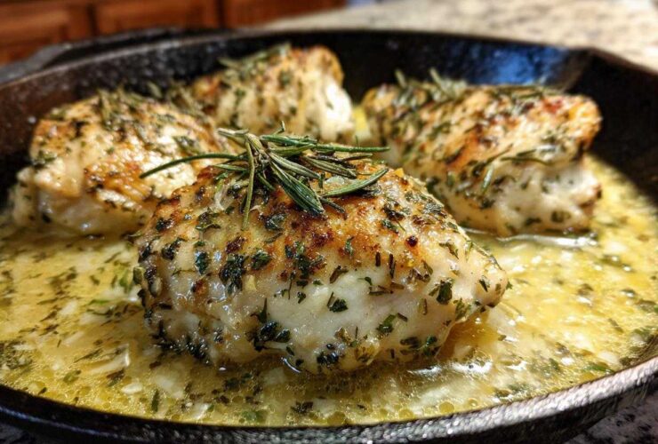 Four pieces of seared Lemon Garlic Chicken Skillet topped with fresh herbs and resting in a buttery lemon sauce in a cast iron pan.