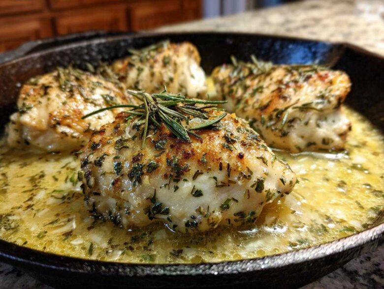 Four pieces of seared Lemon Garlic Chicken Skillet topped with fresh herbs and resting in a buttery lemon sauce in a cast iron pan.