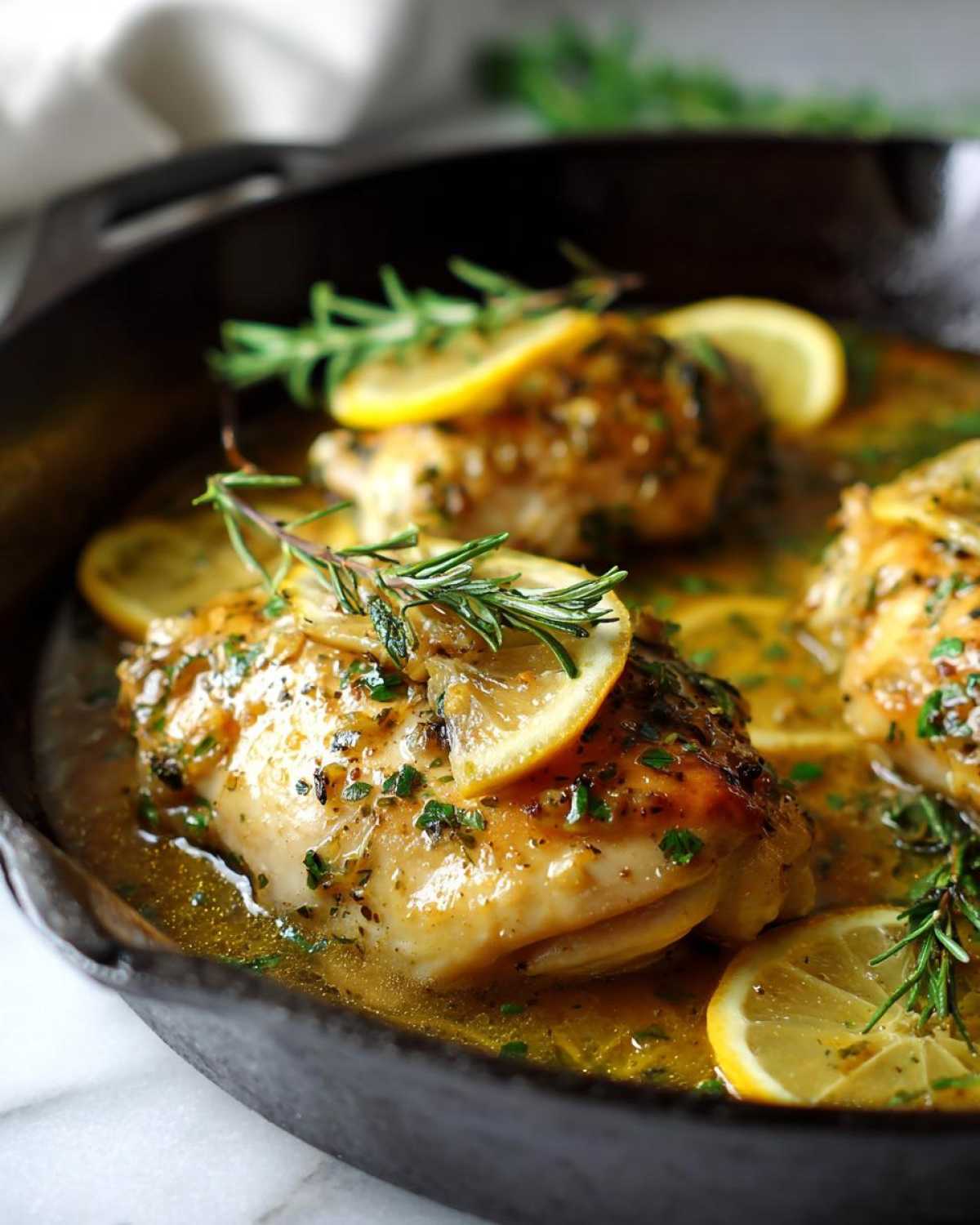 Close-up of Lemon Garlic Chicken Skillet with chicken breasts simmering in a rich lemon-garlic sauce, garnished with lemon slices and rosemary.