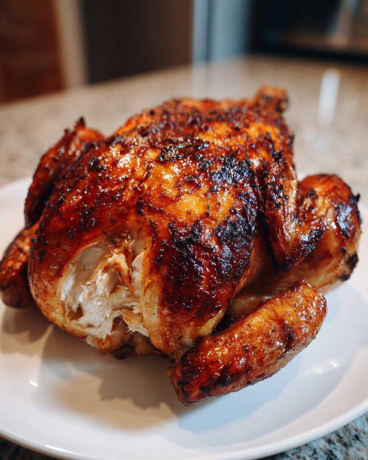 A whole, perfectly roasted chicken with deeply browned, crispy skin, showing tender white meat inside, ready to serve.