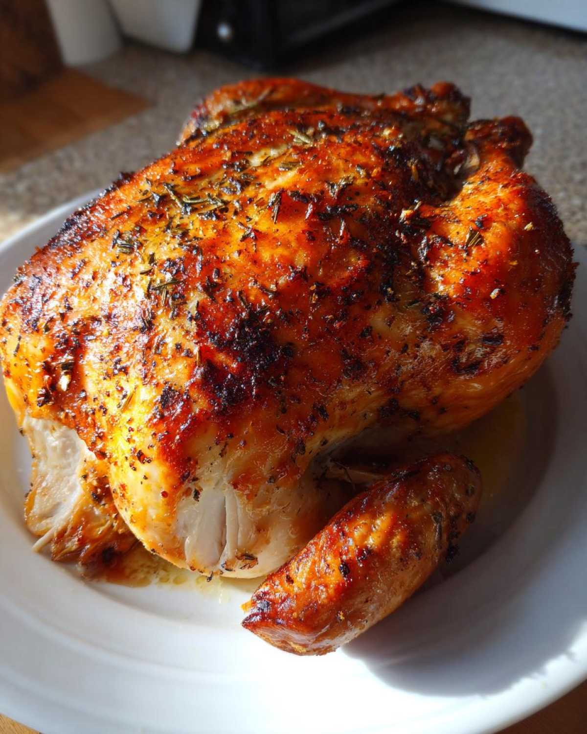 A whole, perfectly roasted Lemon Herb Roasted Chicken with deeply browned, crispy skin resting on a white serving plate.