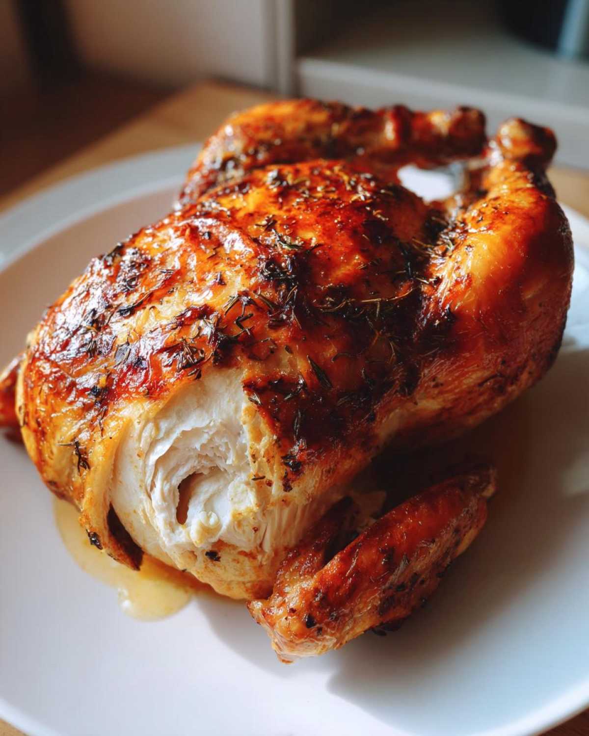 A whole Lemon Herb Roasted Chicken with incredibly crispy, browned skin, showing juicy white meat where a piece has been removed.
