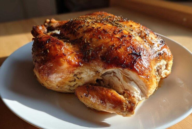 A whole, perfectly roasted Lemon Herb Roasted Chicken with incredibly crispy, golden-brown skin, resting on a white plate.