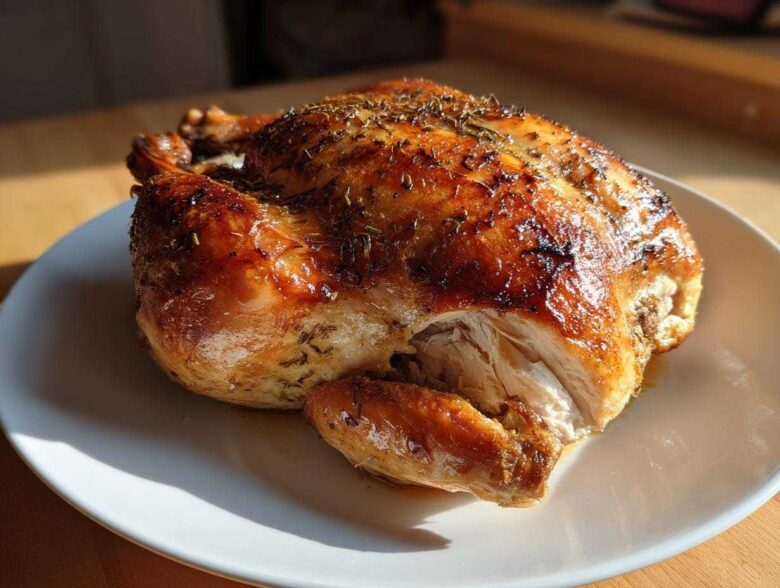 A whole, perfectly roasted Lemon Herb Roasted Chicken with incredibly crispy, golden-brown skin, resting on a white plate.