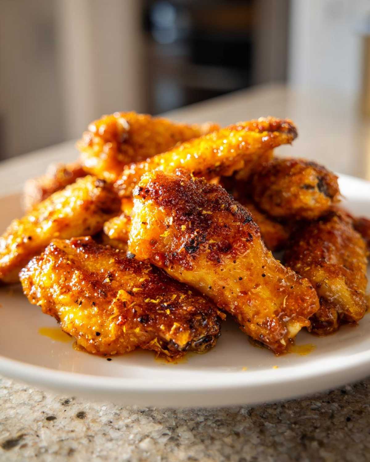 A pile of golden brown, crispy Lemon Pepper Chicken Wings Oven Style glistening on a white plate.