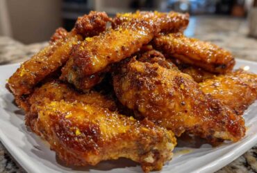 A close-up of a pile of glossy, golden-brown Lemon Pepper Chicken Wings Crispy Oven Style garnished with lemon zest.