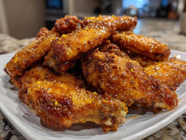 A close-up of a pile of glossy, golden-brown Lemon Pepper Chicken Wings Crispy Oven Style garnished with lemon zest.