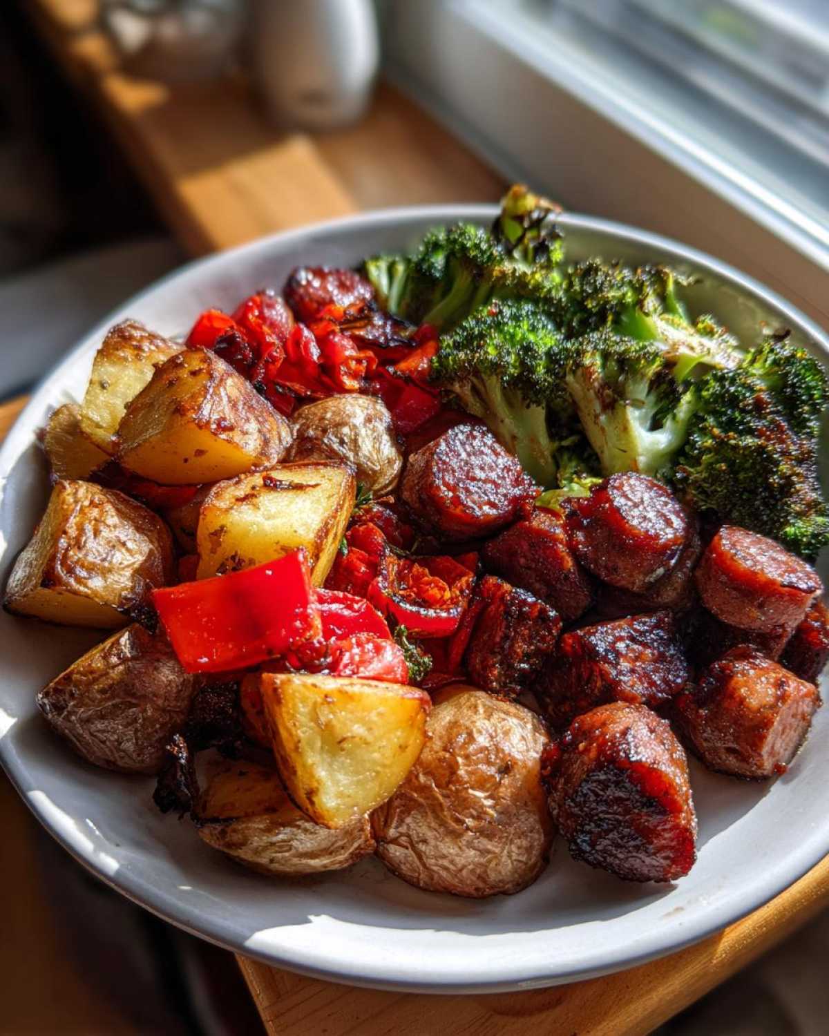 A plate featuring roasted potatoes, sliced sausage, broccoli, and red peppers from the One Pan Sausage and Potatoes Roasted Dinner.