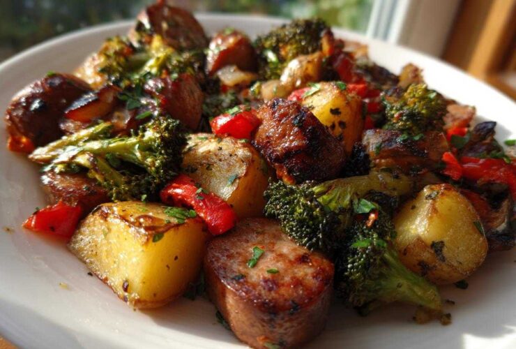 Close-up of a serving of One Pan Sausage and Potatoes Roasted Dinner with broccoli and red peppers.