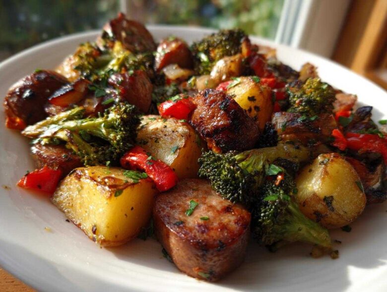 Close-up of a serving of One Pan Sausage and Potatoes Roasted Dinner with broccoli and red peppers.