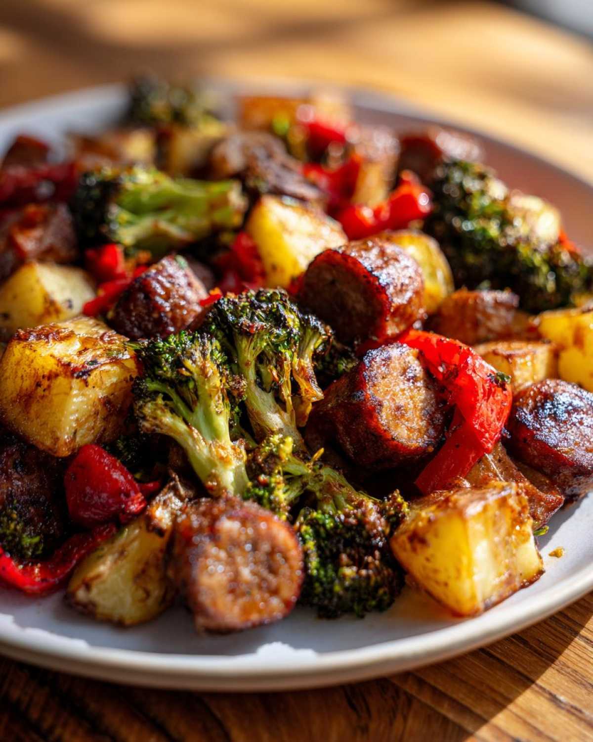 Close-up of roasted sausage slices, golden potatoes, and charred broccoli florets from the One Pan Sausage and Potatoes Roasted Dinner.
