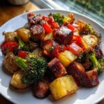 Close-up of a serving of One Pan Sausage and Potatoes Roasted Dinner with broccoli and red peppers.