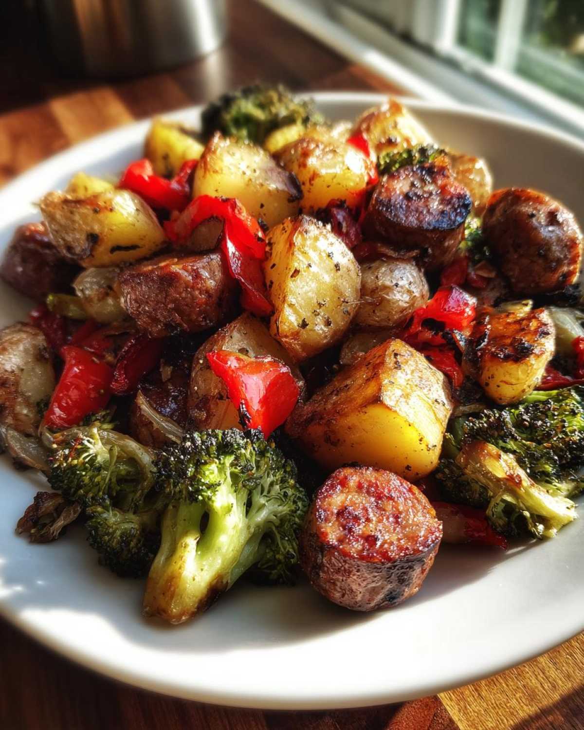 A close-up of a serving of One Pan Sausage and Potatoes Roasted Dinner with roasted broccoli and red peppers.