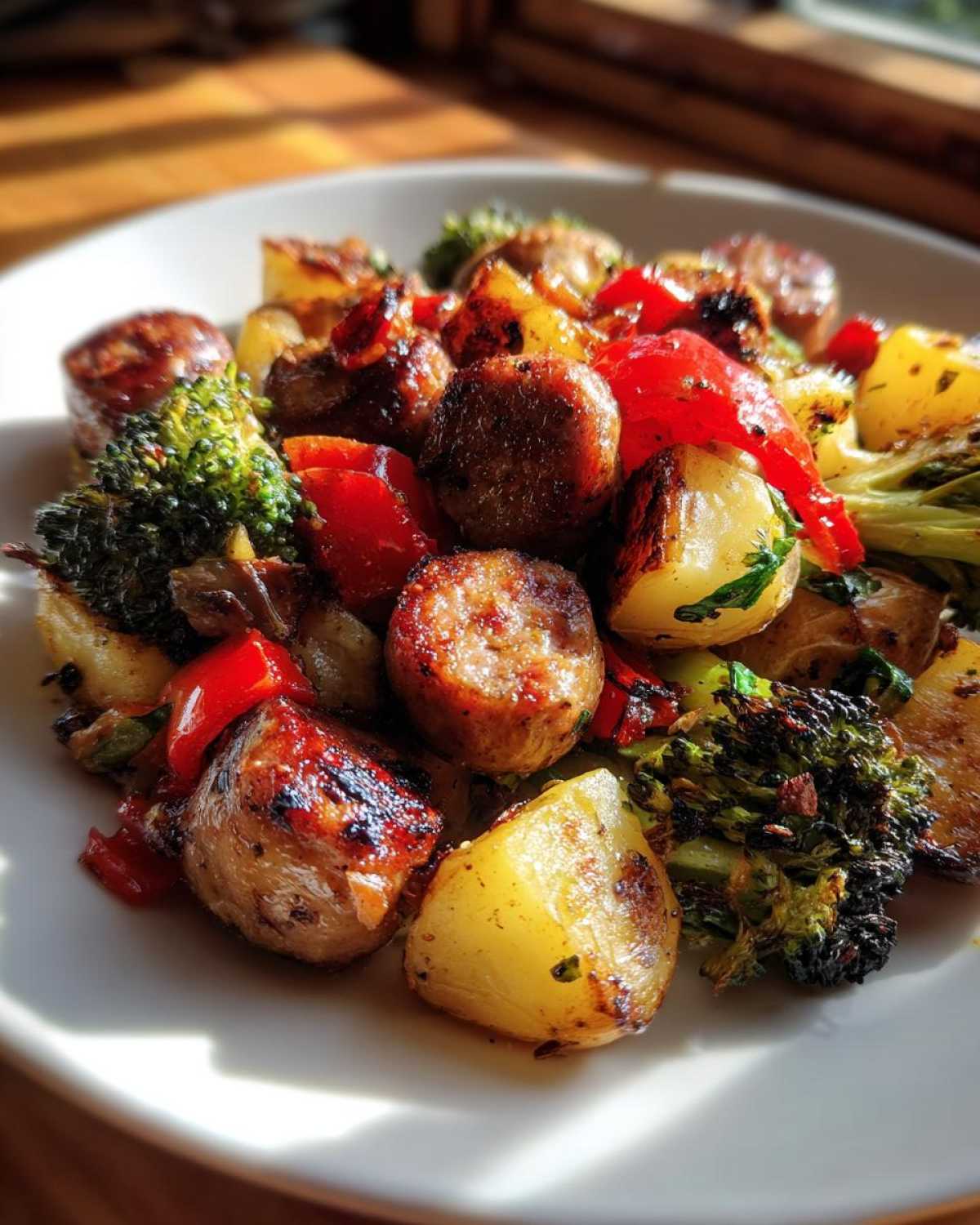 Close-up of a serving of One Pan Sausage and Potatoes Roasted Dinner with roasted broccoli and red peppers.