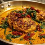 Close-up of seared One Pan Tuscan Chicken with sun dried tomatoes and spinach in a rich, creamy sauce.