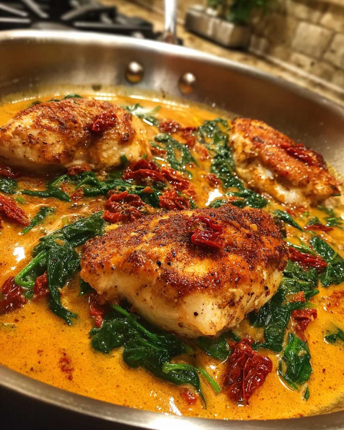 Three seasoned chicken breasts simmering in a creamy, orange-hued sauce with spinach and sun dried tomatoes in a stainless steel skillet.