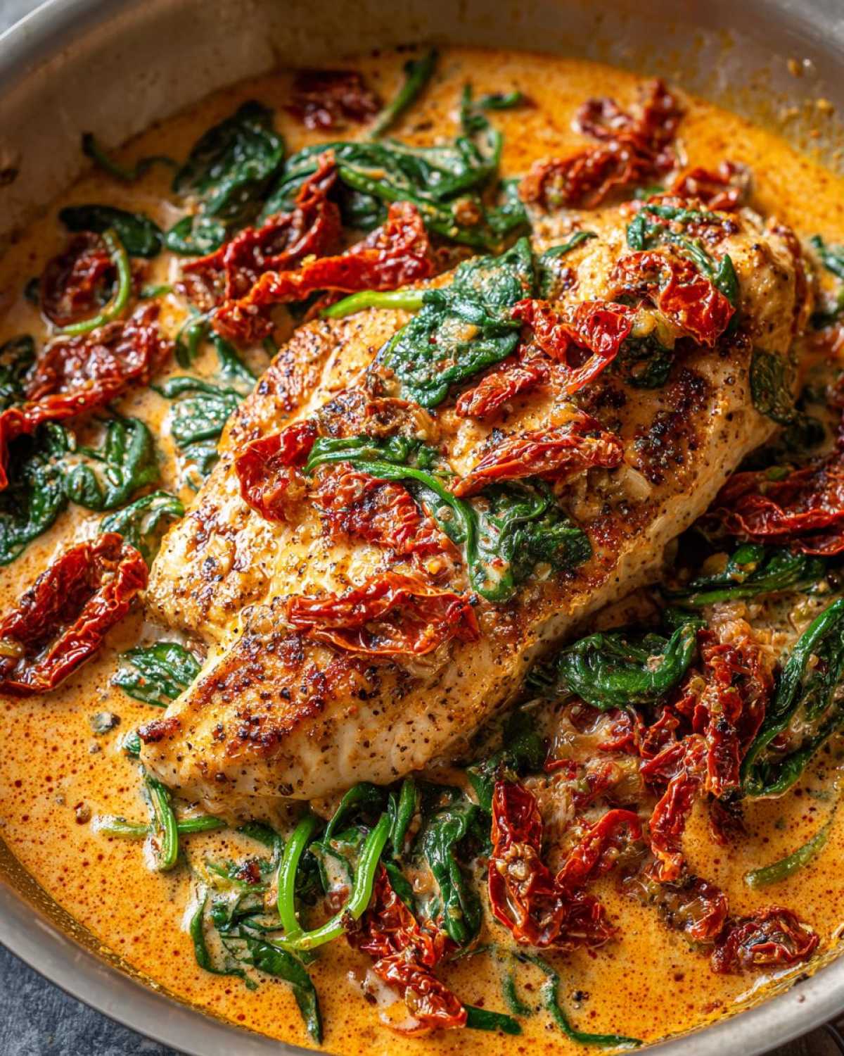 A close-up shot of seared One Pan Tuscan Chicken with Sun Dried Tomatoes, spinach, and creamy sauce in a skillet.