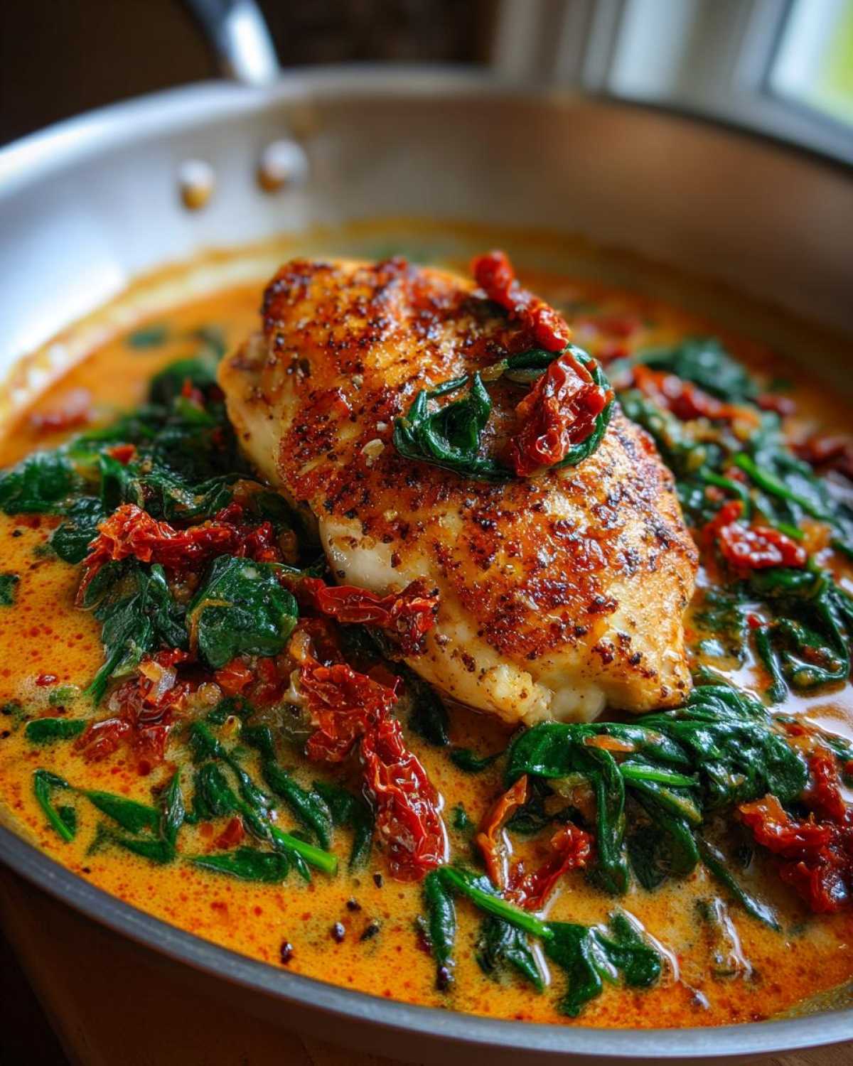 A perfectly seared chicken breast resting in a creamy sauce with spinach and sun dried tomatoes in a stainless steel skillet, featuring One Pan Tuscan Chicken.