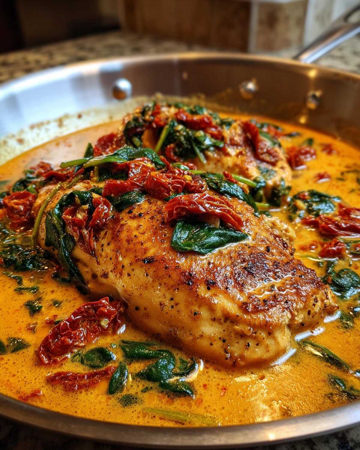 Close-up of seared One Pan Tuscan Chicken with sun dried tomatoes and spinach in a rich, creamy sauce.