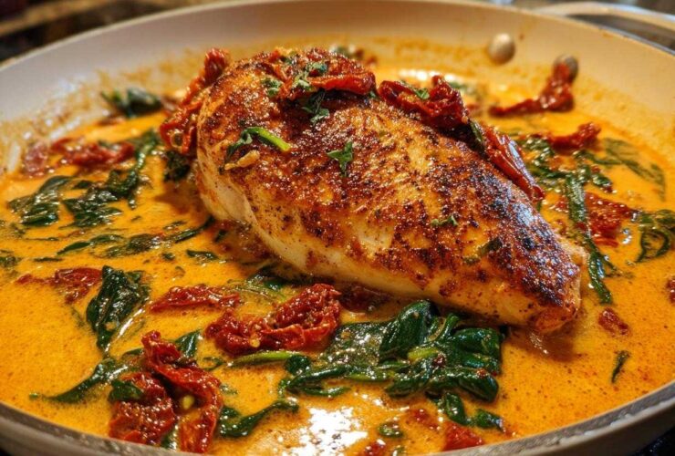 Close-up of a perfectly seared One Pan Tuscan Chicken with Sun Dried Tomatoes and spinach in a rich, creamy sauce.