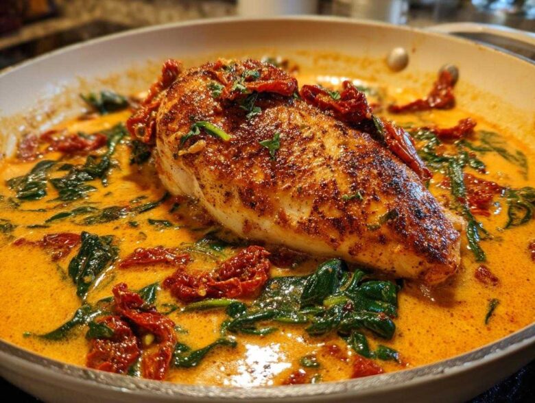 Close-up of a perfectly seared One Pan Tuscan Chicken with Sun Dried Tomatoes and spinach in a rich, creamy sauce.